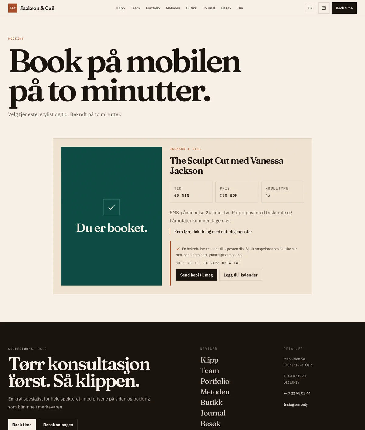 Skjermbilde av booking-bekreftelsen på Website 2