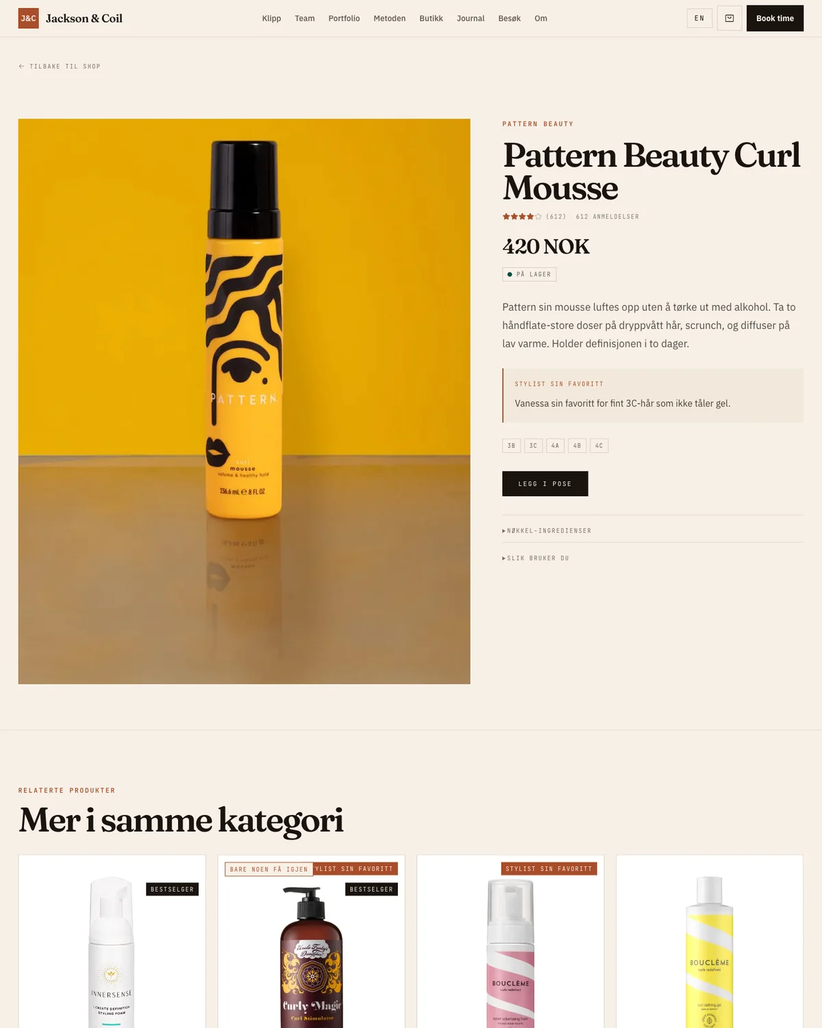 Skjermbilde av produktdetalj-siden på Website 2